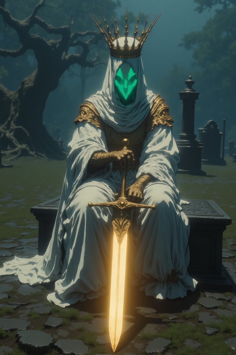 A mysterious and ethereal hooded figure seated in the center of an ancient foggy graveyard at twilight,  hyper-realistic c...