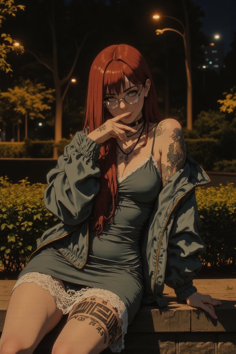 A nighttime urban portrait of a young woman with long straight red hair and light freckles,  sitting on a low stone wall i...