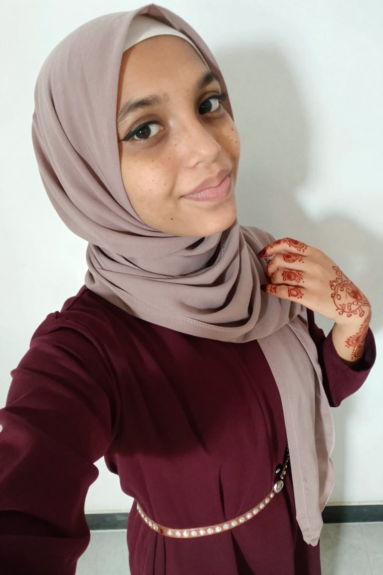 samri_face> An top angle high view selfie shot of a 18 year old slim body medium breast Muslim teen side body poses in an...