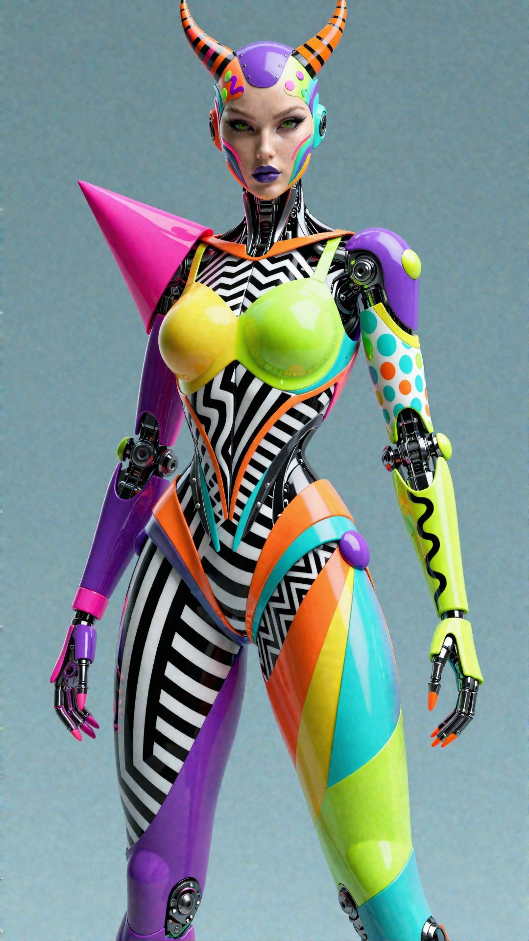 Create a photorealistic,  sci-fi high fashion demon female cyborg android robot with a high-resolution and high-quality me...
