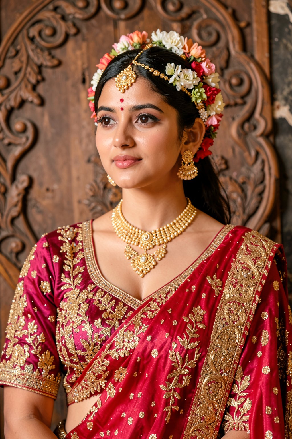 RIMP,  an Indian_woman dressed in a traditional Indian outfit,  adorned with gold embroidery and a gold necklace. Her hair...