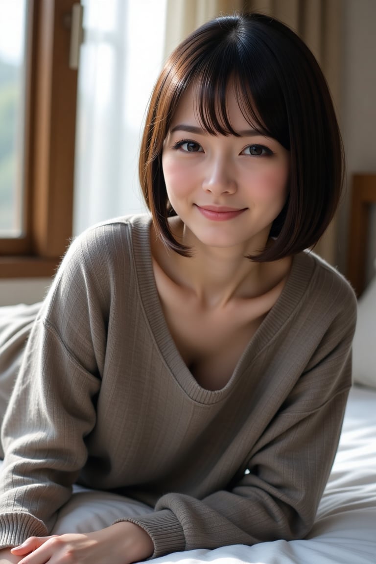 Create a realistic style of a 1girl solo breasts looking at viewer smile short hair bangs brown hair shirt black hair long...