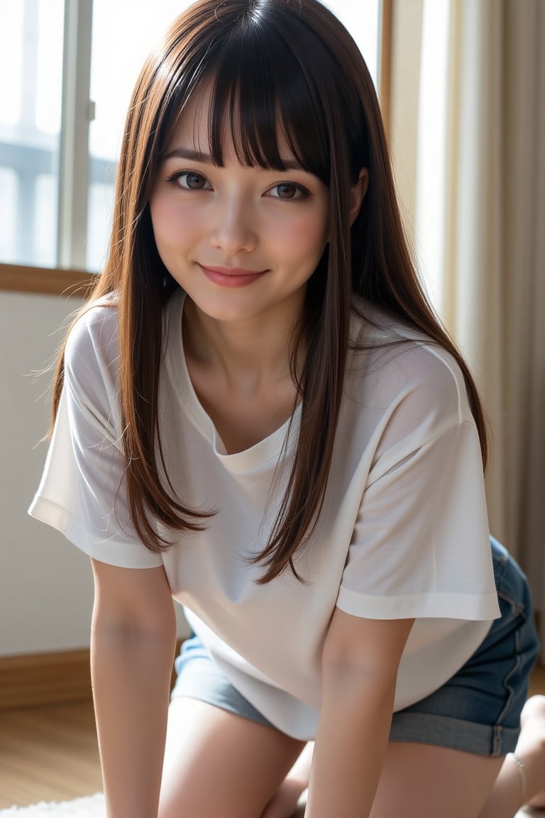 Create a realistic style of a 1girl solo long hair breasts looking at viewer smile bangs brown hair shirt black hair cleav...