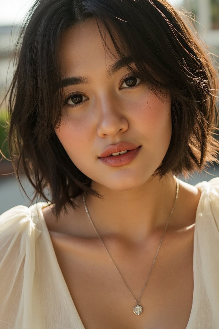 A stunning 20-year-old beautiful woman close-up within the frame,  radiant with elegance. Backlit by warm sunlight,  looki...