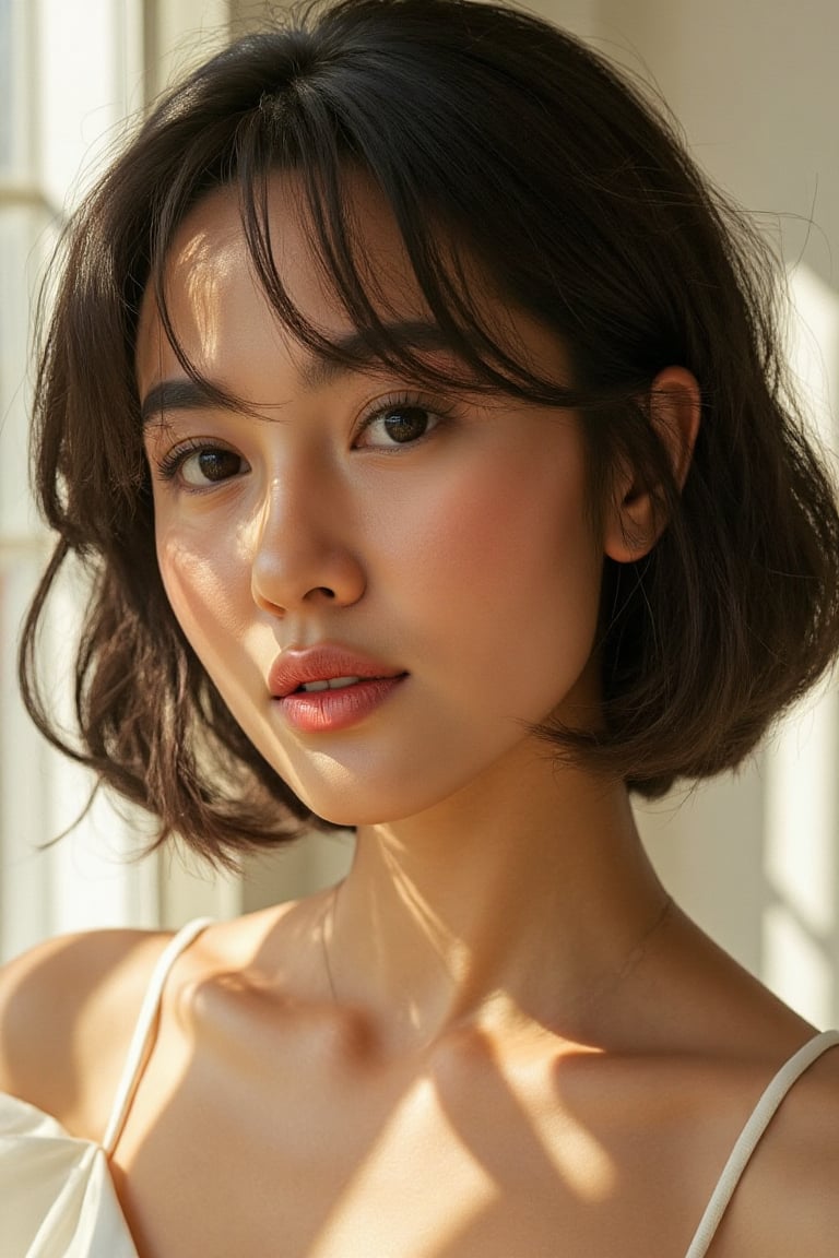 A stunning 20-year-old beautiful woman close-up within the frame,  radiant with elegance. Backlit by warm sunlight,  looki...