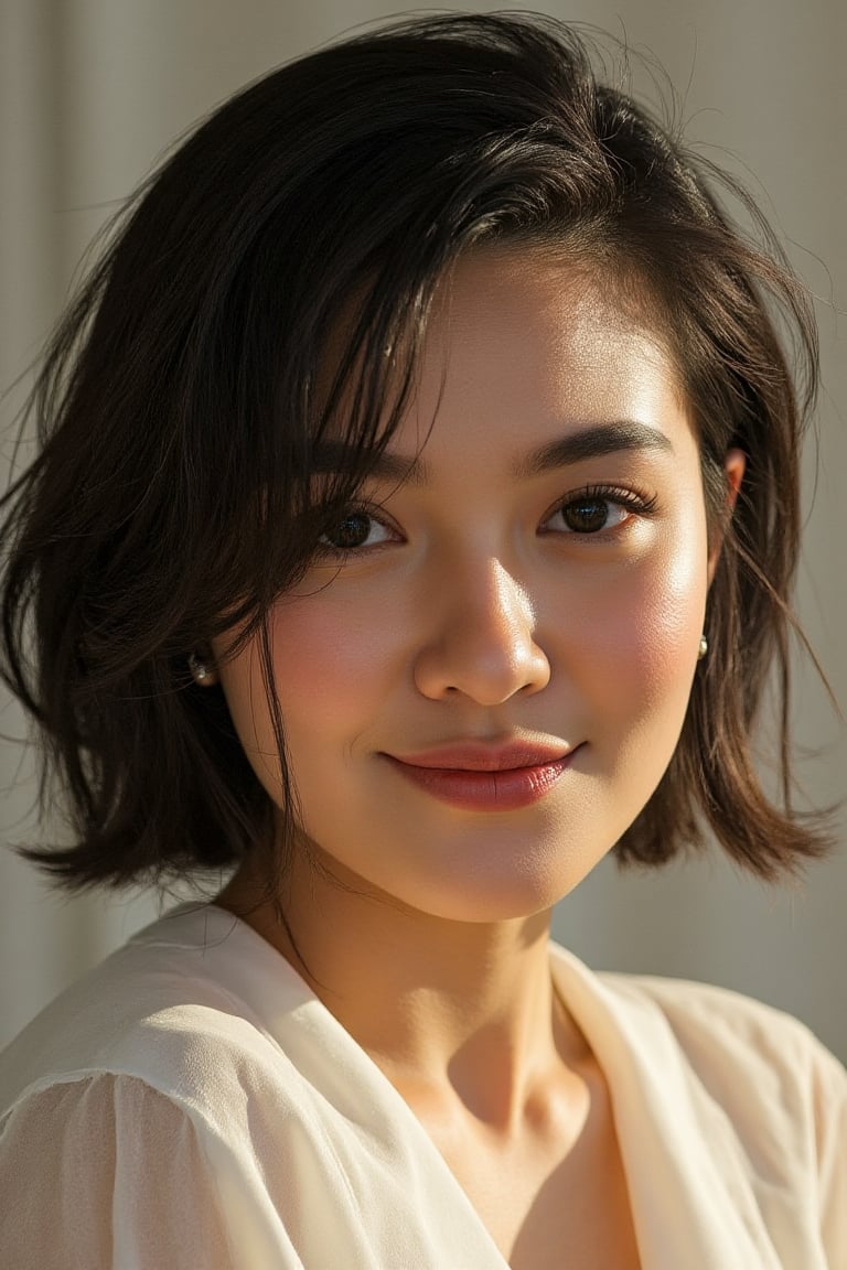 A stunning 20-year-old beautiful woman close-up within the frame,  radiant with elegance. Backlit by warm sunlight,  looki...