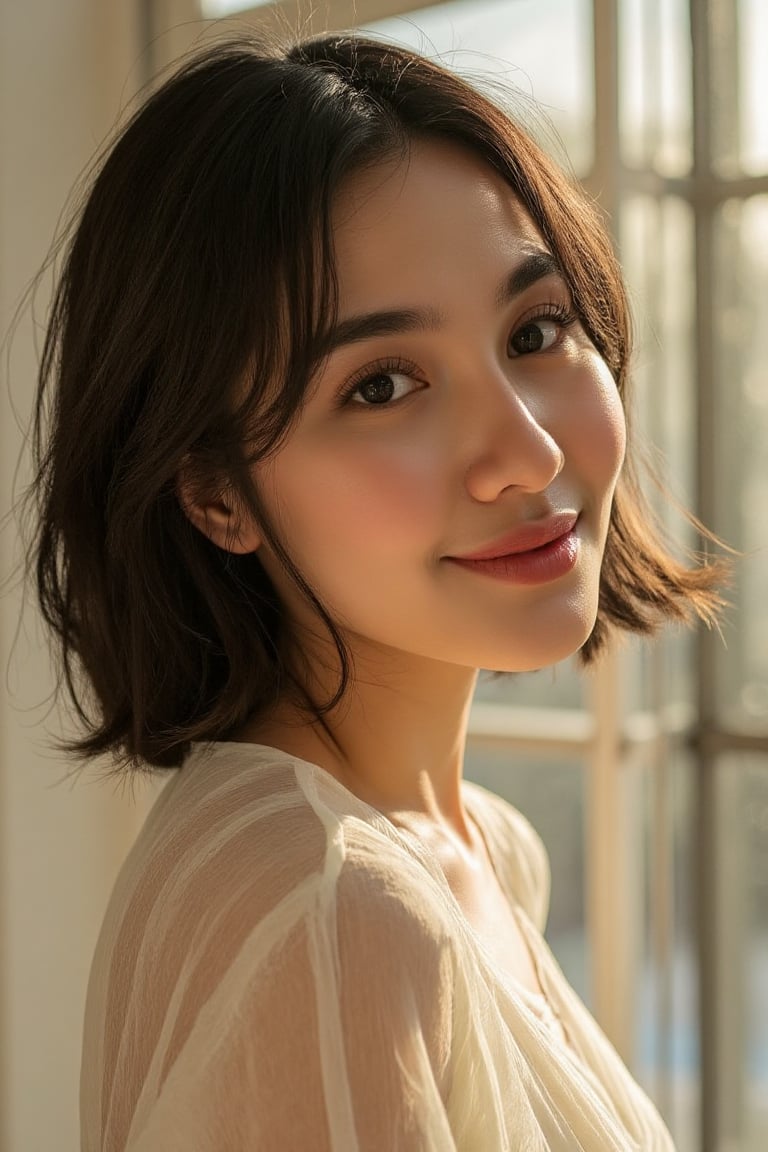 A stunning 20-year-old beautiful woman close-up within the frame,  radiant with elegance. Backlit by warm sunlight,  looki...