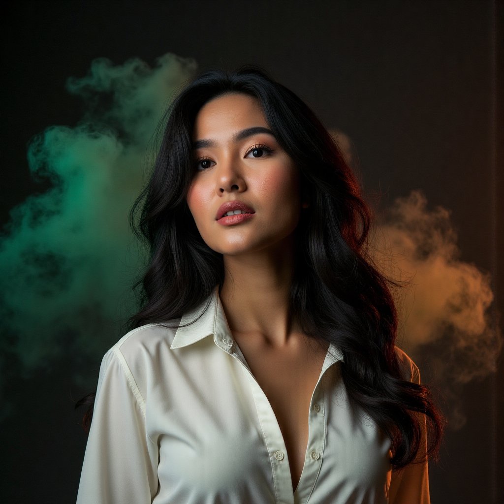 This image is an evocative,  high-definition picture of a breathtaking beautiful model captured in a low-light background....