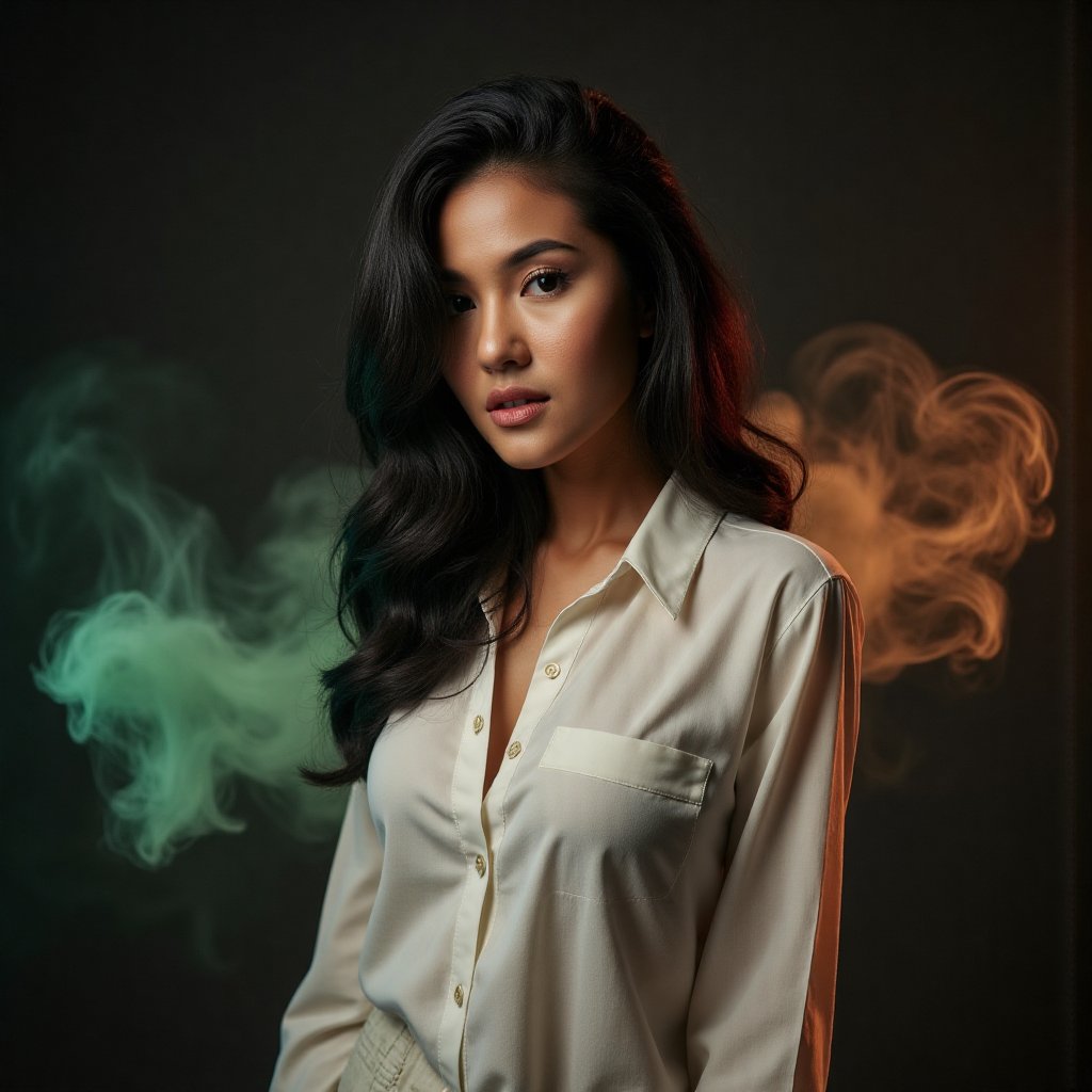 This image is an evocative,  high-definition picture of a breathtaking beautiful model captured in a low-light background....