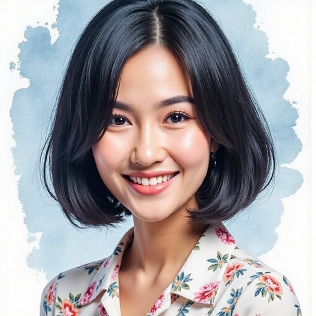 Full long shot a portrait ,  Asian woman short flowing black hair small flora and blouse pattern small flora,  beautiful b...