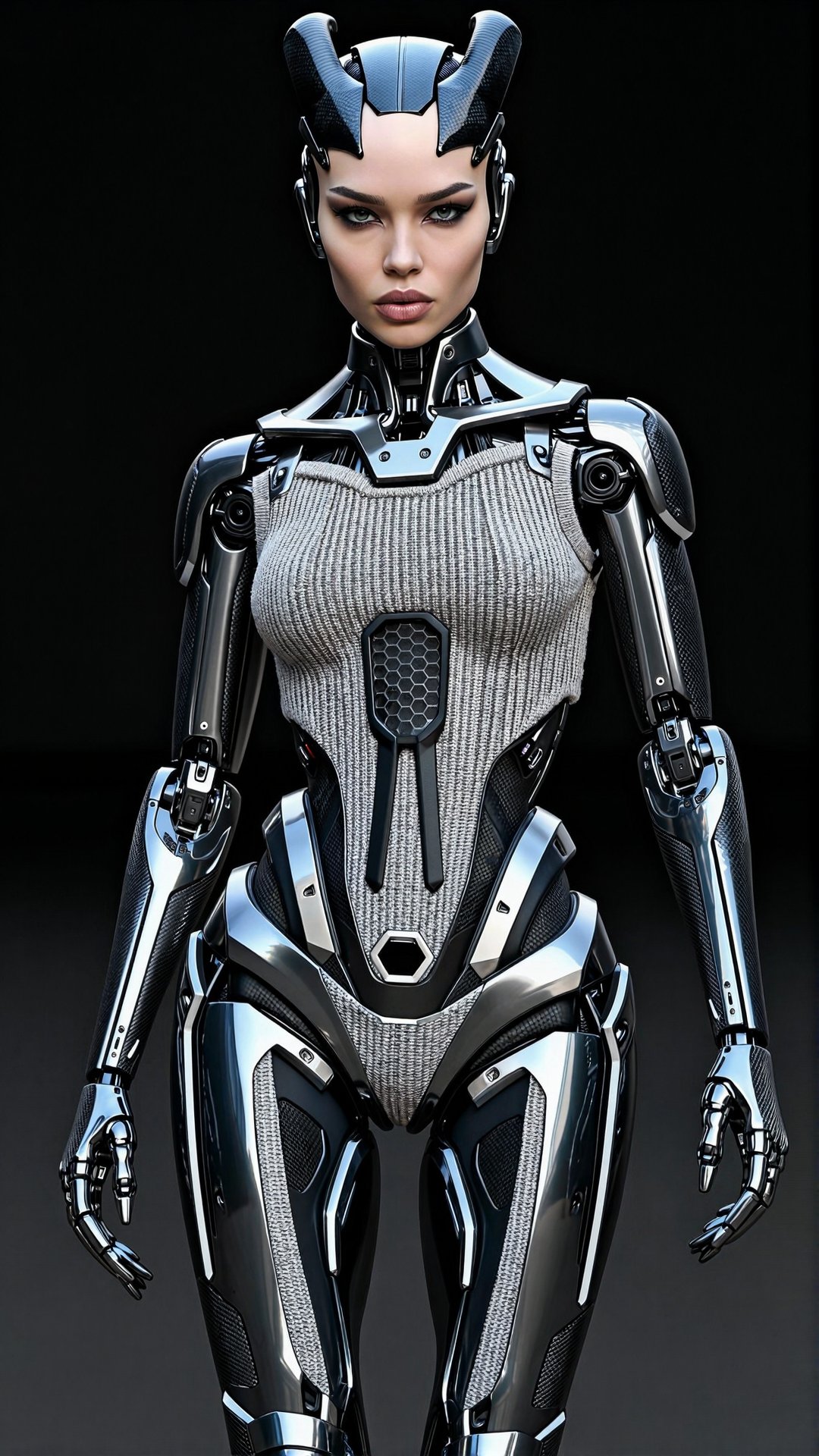 Create a photorealistic image of a fashion-forward demon woman robot made from a unique blend of fly-knit tweed and carbon...