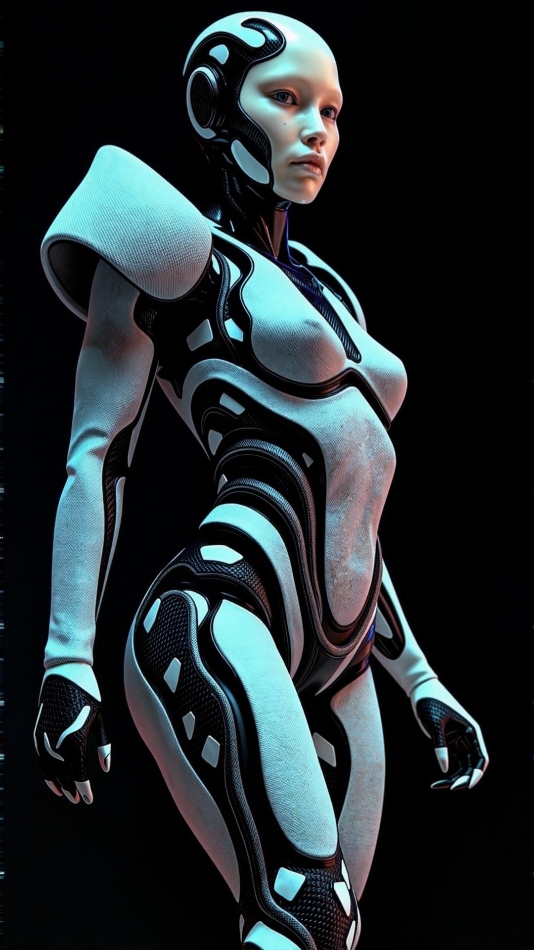 Create a photorealistic image of a fashion-forward demon woman robot made from a unique blend of fly-knit tweed and carbon...