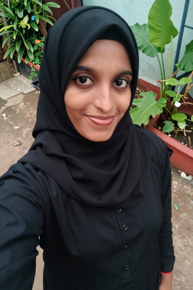 a girl take top angle high view selfie outdoor of home,  smiling,  standing in outside by HIJABI SLUT on Tensor.Art