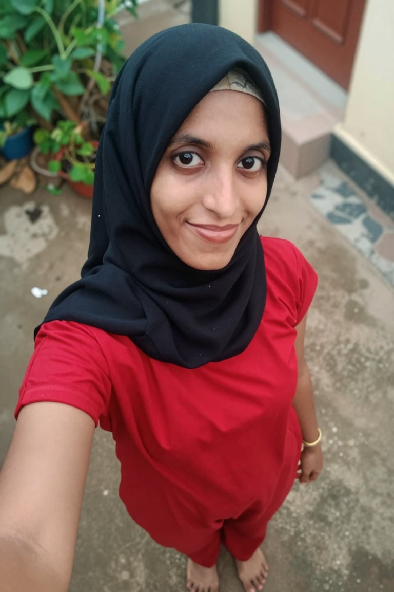 a girl take top angle high view selfie outdoor of home,  smiling,  standing in outside by HIJABI SLUT on Tensor.Art