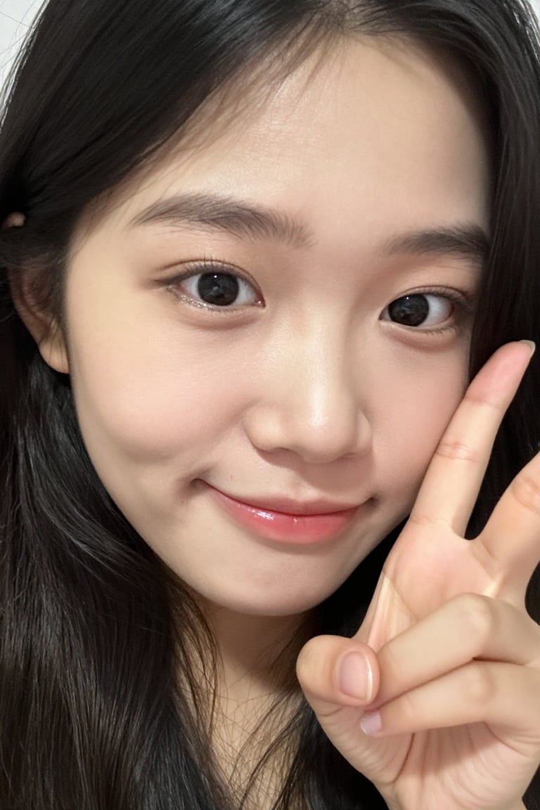 joyful face,  detail skin texture on face young girl 19 age,  send V-sign finger by MAEN_CG on Tensor.Art