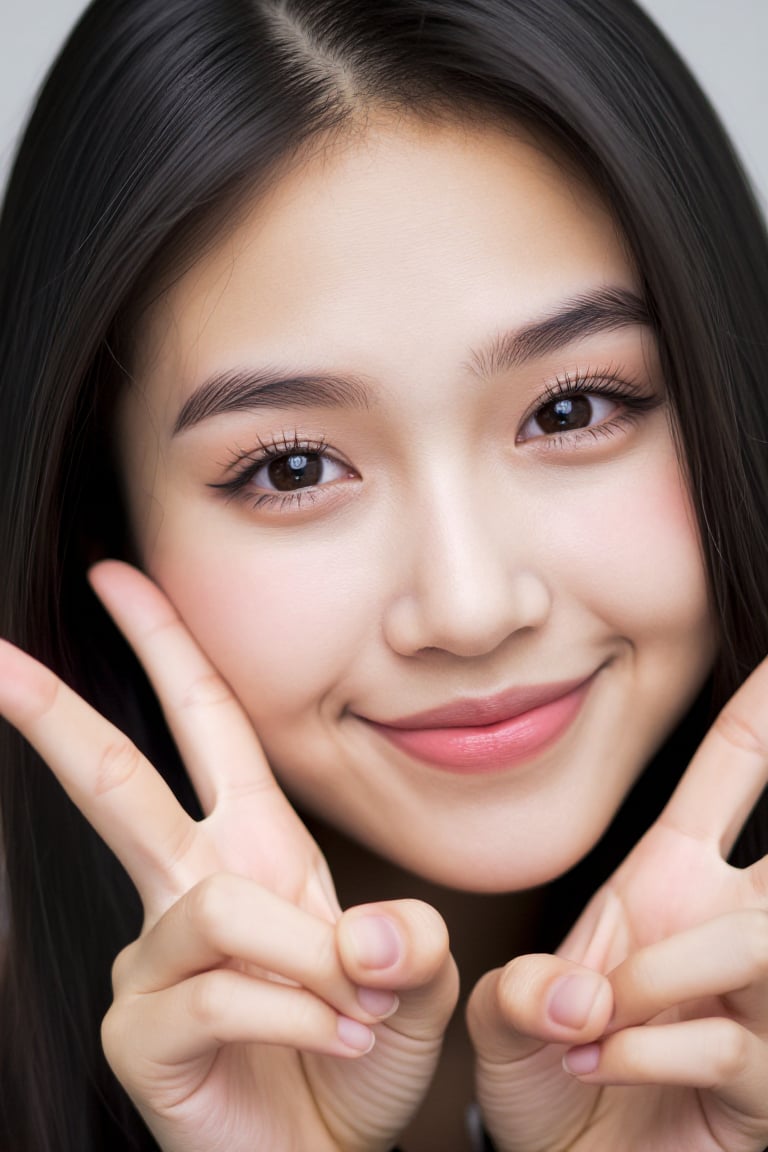 joyful face,  detail skin texture on face young girl 19 age,  send V-sign finger by MAEN_CG on Tensor.Art
