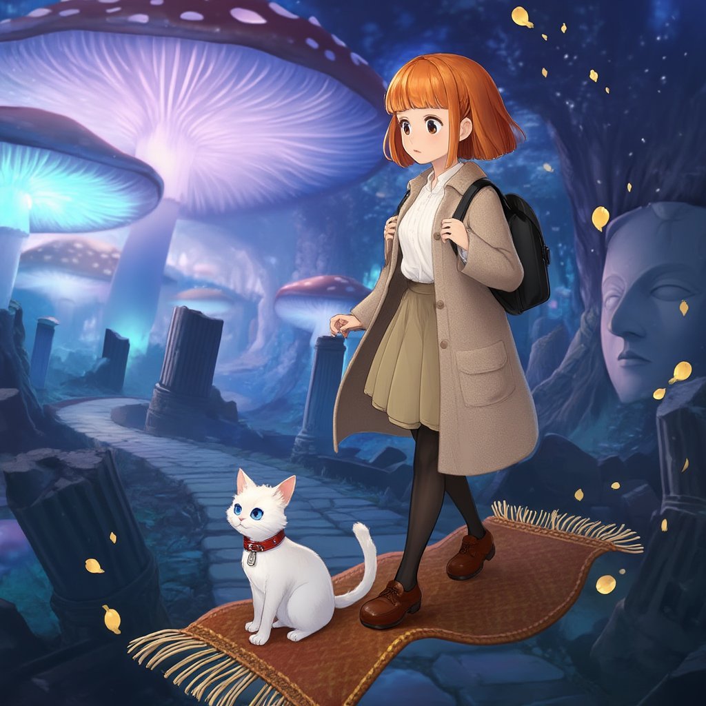Isla (adult young woman),  gentle and curious; short orange hair with side bangs,  part of hair tucked behind ears; natura...
