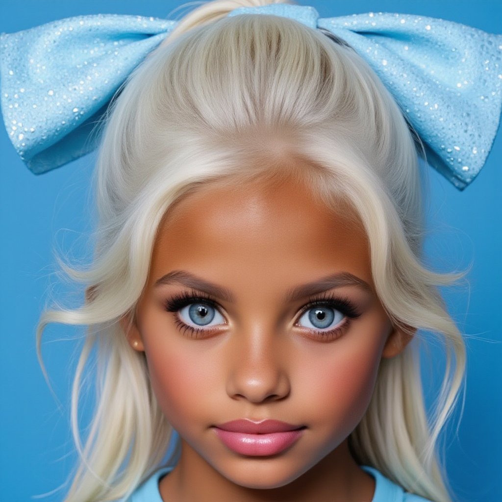 sl.face. High-detail medium close-up portrait of an 8-year-old model cheerleader. The Aesthetic: An intense,  fitness comp...