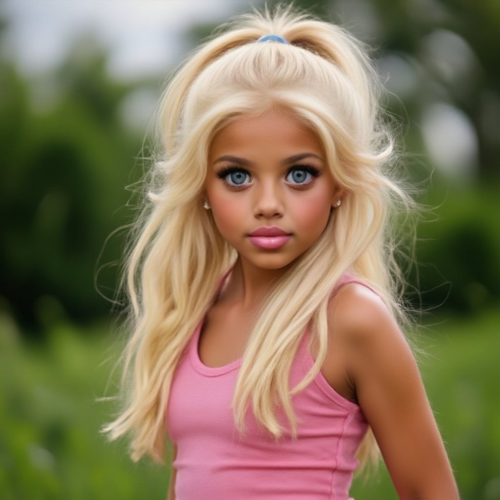 Close-up ,  ,  ultra-realistic 8k headshot of a 7-year-old S.Lexi. Her hair is styled in a tight slicked-back high ponytai...