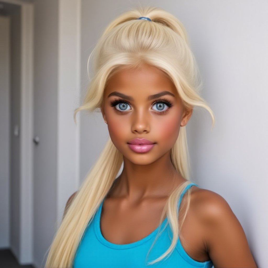 Full frontal centered headshot,  ultra-realistic 8k photo of a 7-year-old S.Lexi. Her hair is styled in a tight slicked-ba...