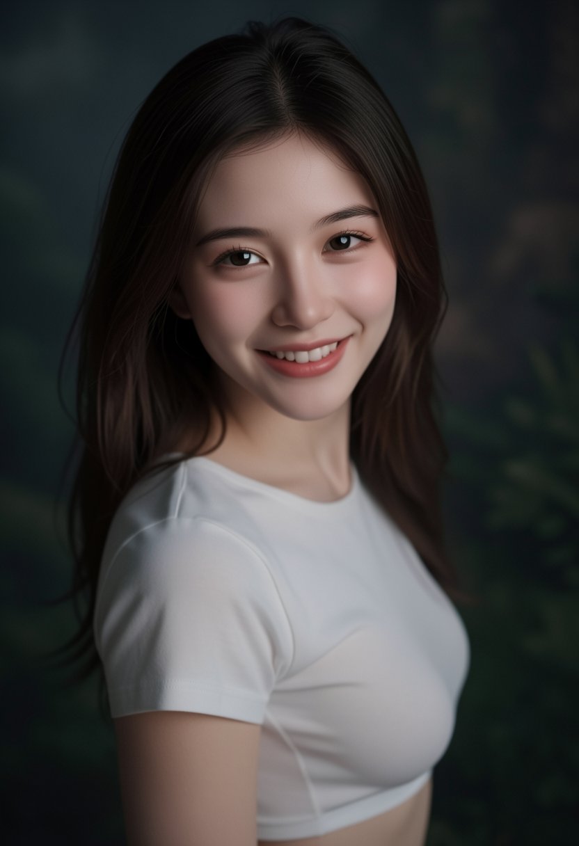 ulzzang-beauty,  an 18-year-old girl with a radiant smile,  wearing a white crop top by riiwa on Tensor.Art