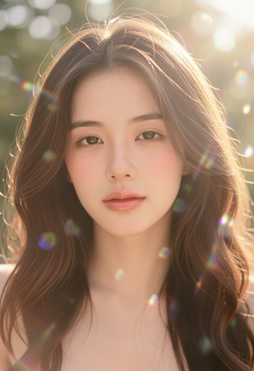 ulzzang-beauty,  A dreamy and ethereal portrait of a young woman with soft,  wavy brown hair illuminated by cascading sunl...