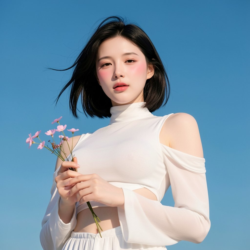 Create a cinematic scene featuring a young,  big-breasted woman exuding ulzzang-beauty. Her short,  tousled black hair dan...