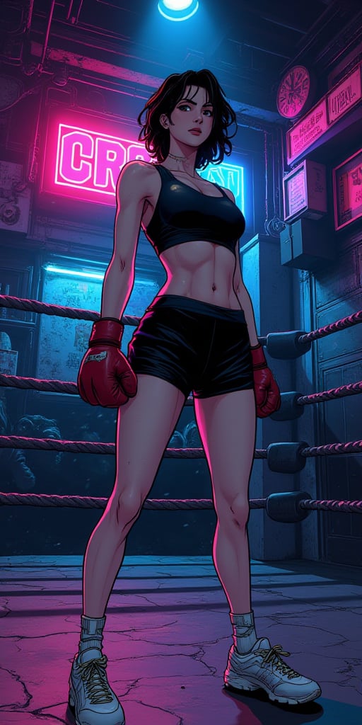 A dynamic manga-style scene set inside an underground boxing club. A determined young woman stands confidently in the cent...