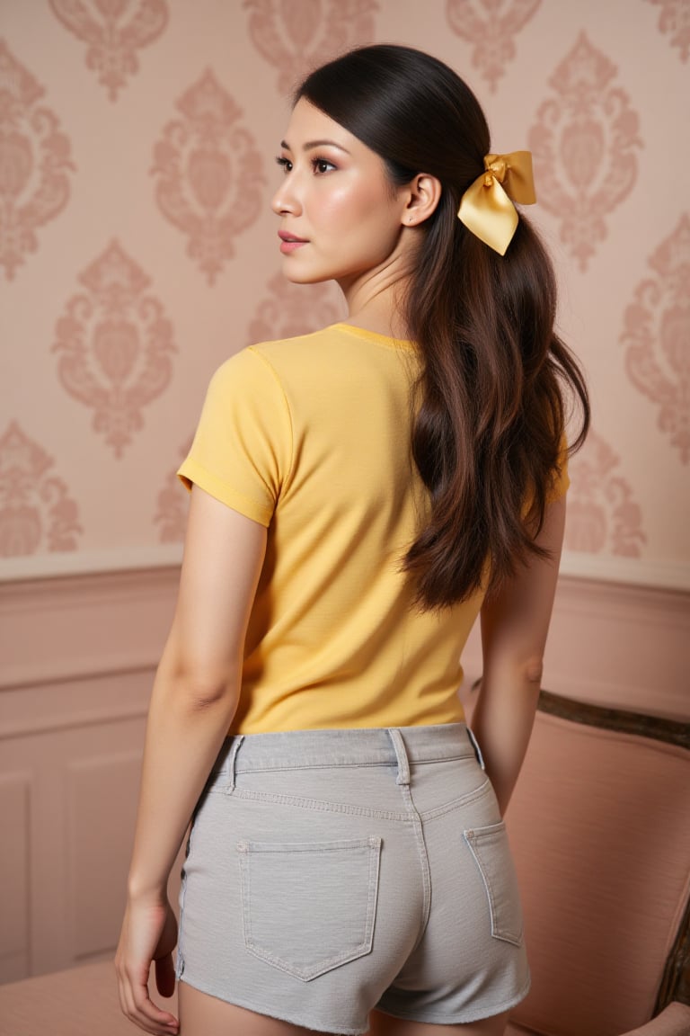 A gorgeous young Slavic beauty. Hair color: brown. Hairsyle: long and straight. Eye color: brown. Outfit: light gray short...