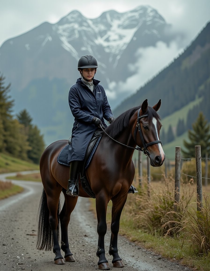 A cinematic 4K photograph of a beautiful woman riding a powerful horse through the rain in the majestic Swiss mountains. S...