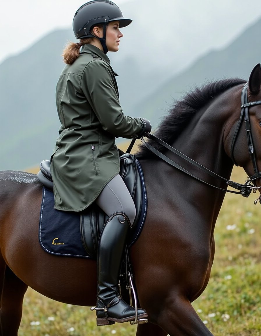 A cinematic 4K photograph of a beautiful woman riding a powerful horse through the rain in the majestic Swiss mountains. S...