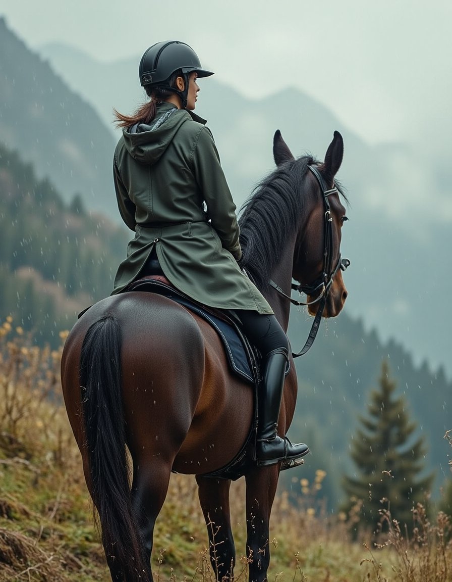 A cinematic 4K photograph of a beautiful woman riding a powerful horse through the rain in the majestic Swiss mountains. S...