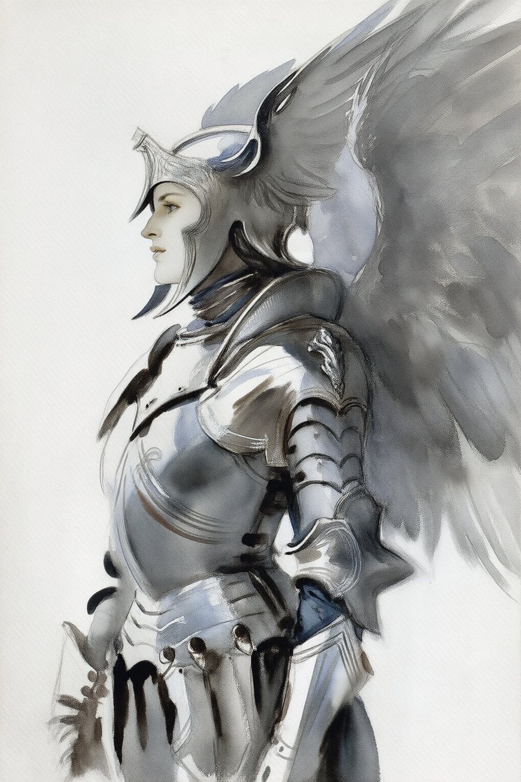 johnsingersargent12qw25 watercolor. Black-and-white medium side profile shot of a valkyrie depicted as a winged warrior ag...