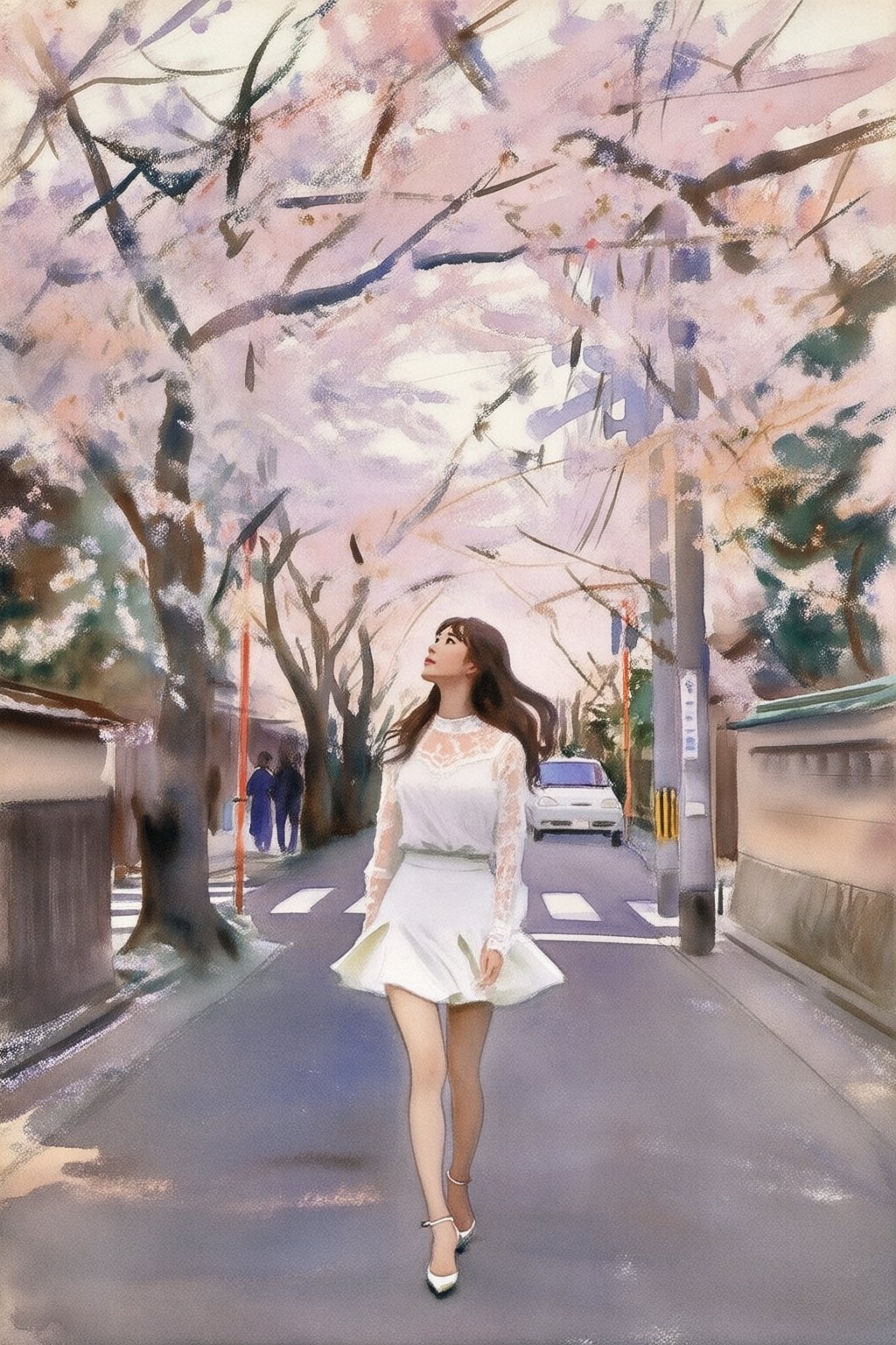 johnsingersargent12qw25 watercolor. Full-body long-shot of a young East Asian woman walking gracefully down a narrow Japan...