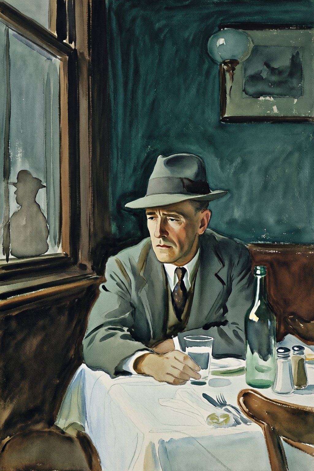 johnsingersargent12q25 watercolor painting. A middle-aged man,  shown in 3/4 view,  with a solemn expression sitting alone...