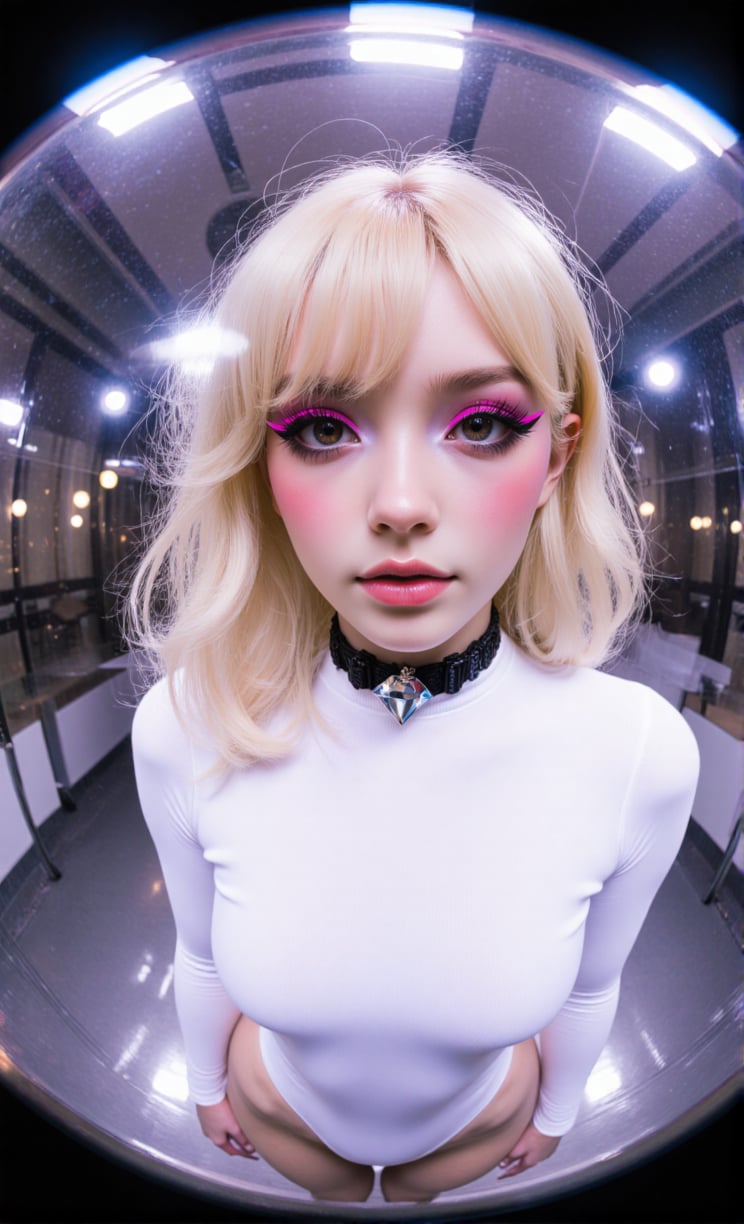 blonde woman photographed with a fish-eye lens,  wearing a white bodysuit and a black choker necklace around her neck. she...