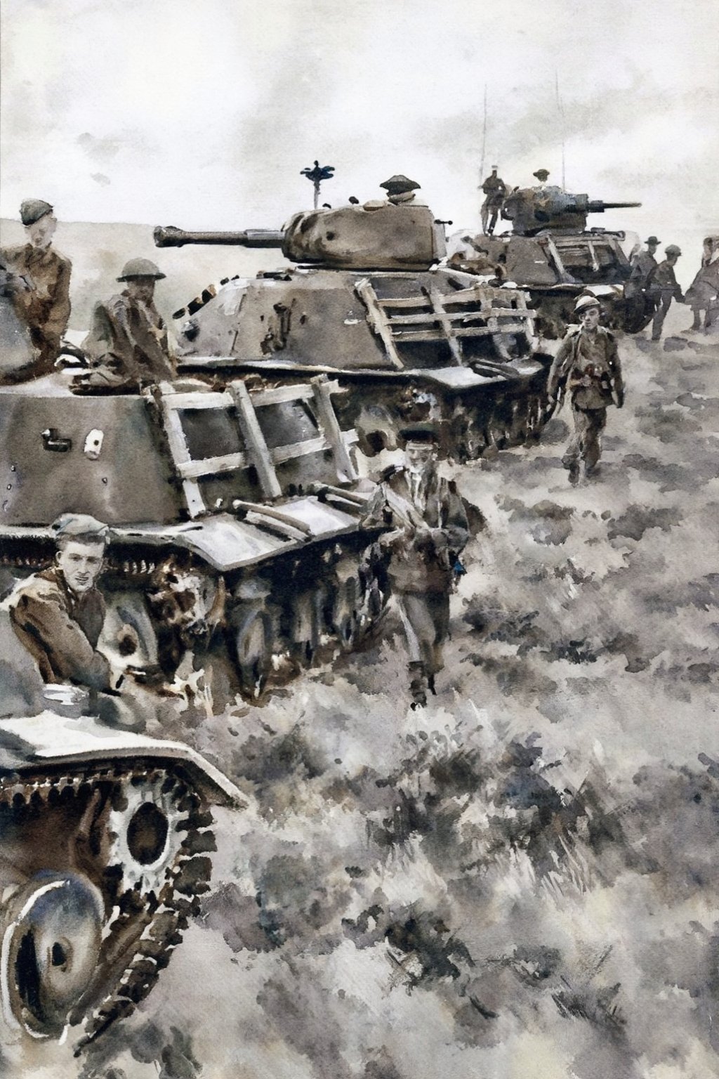 johnsingersargent14z25 watercolor painting. Low-angle,  wide shot of several British rhomboid tanks advancing across a gra...
