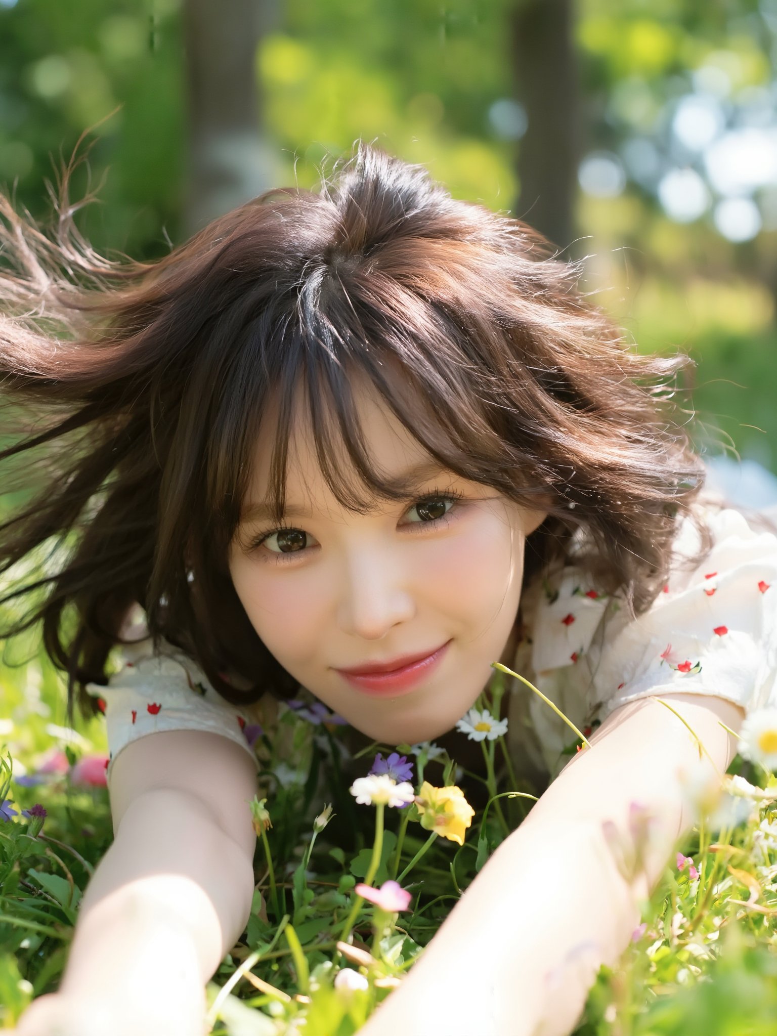 looking down at the camera,  she lying on her front in a field of flowers,  hair spreading out by GuessMeNot188_329 on Ten...