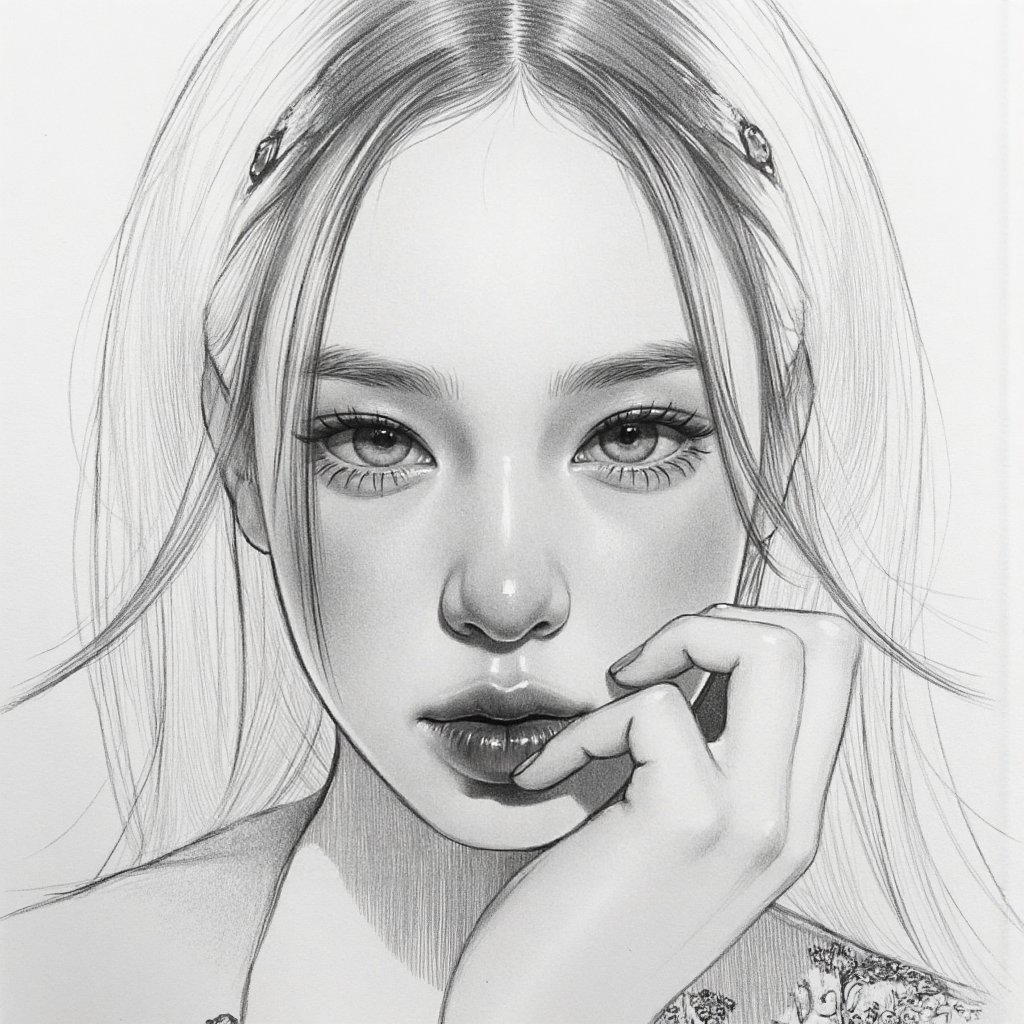 Create a hyper-realistic black-and-white pencil portrait drawing in the style of a master graphite artist. Use detailed cr...