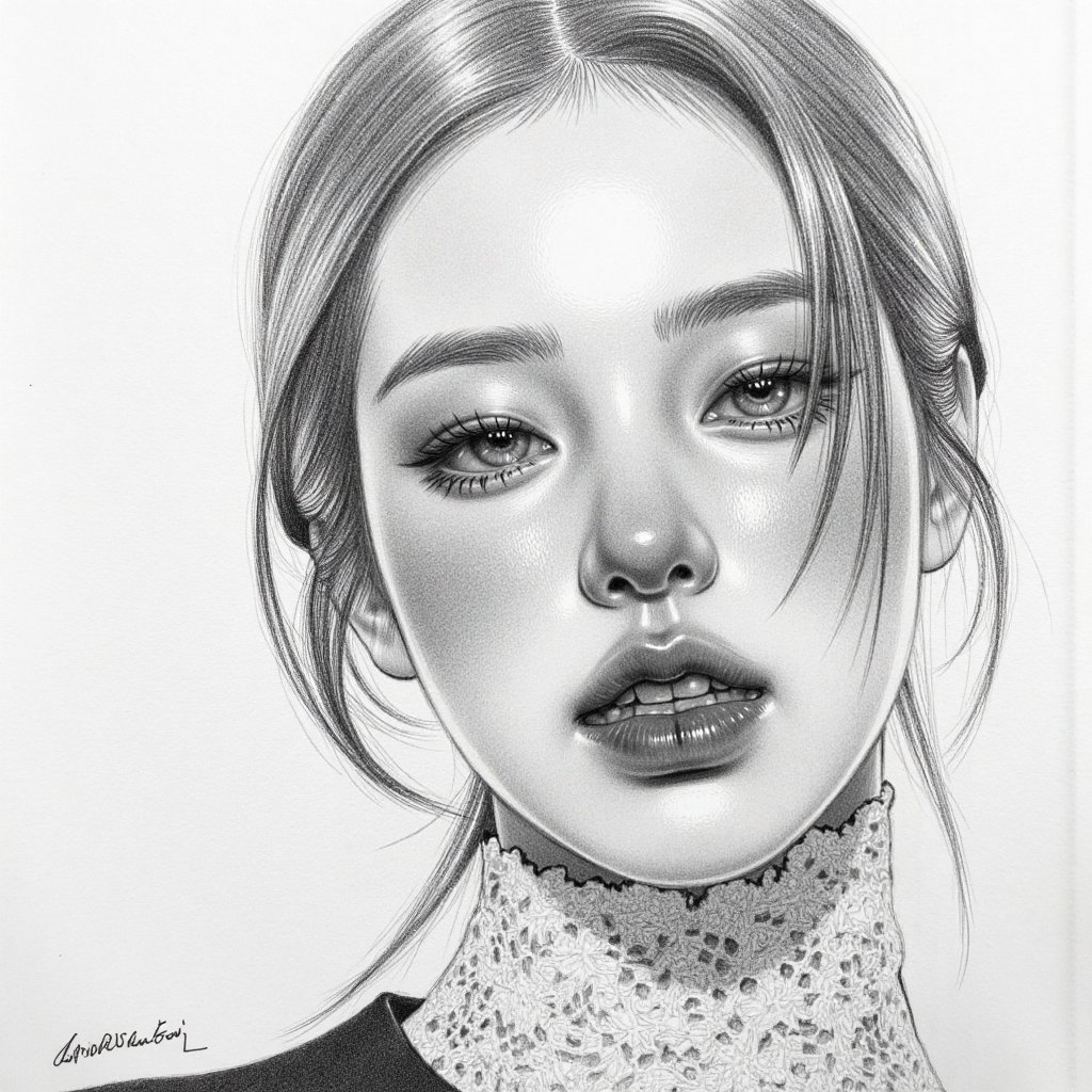 Create a hyper-realistic black-and-white pencil portrait drawing in the style of a master graphite artist. Use detailed cr...