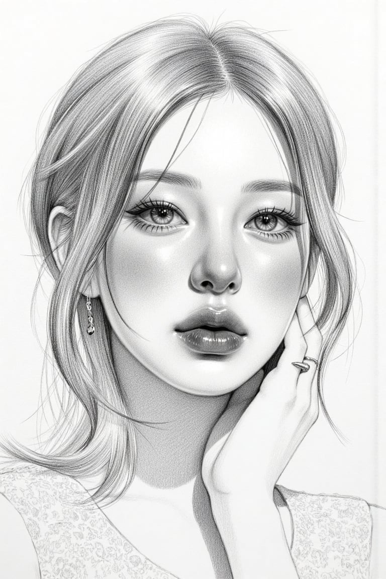 Create a hyper-realistic black-and-white pencil portrait drawing in the style of a master graphite artist. Use detailed cr...