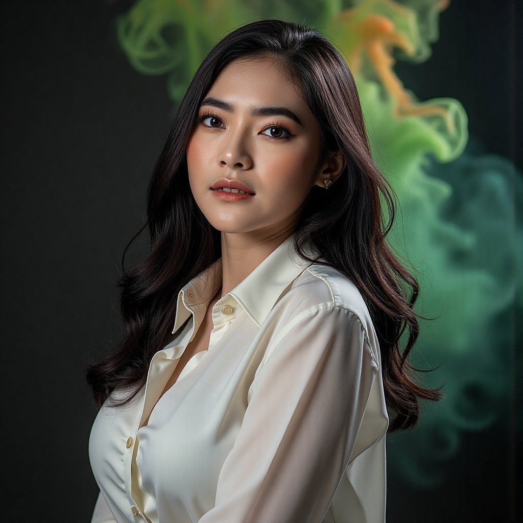 This image is an evocative,  high-definition picture of a breathtaking beautiful model captured in a low-light background....