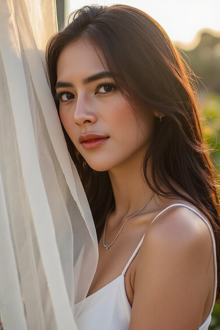 A stunning 20-year-old beautiful woman close-up within the frame,  radiant with elegance. Backlit by warm sunlight,  looki...