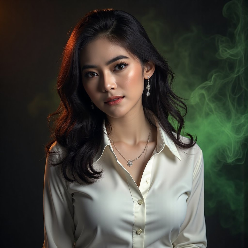 This image is an evocative,  high-definition picture of a breathtaking beautiful model captured in a low-light background....