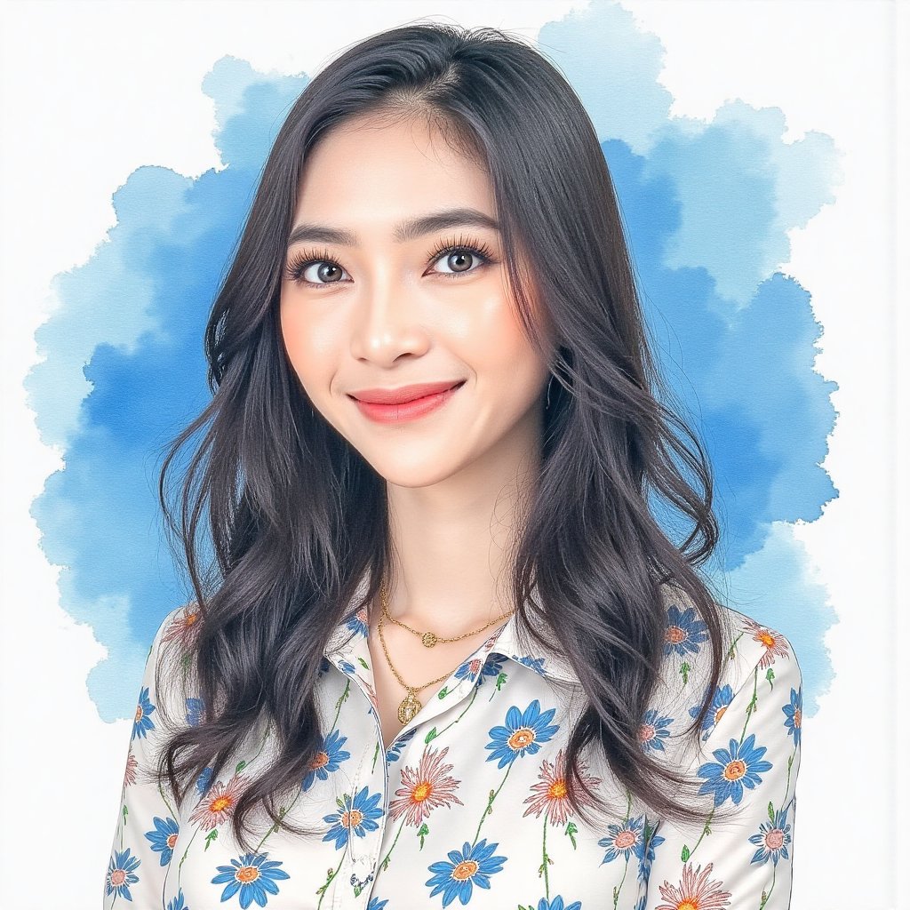 Full long shot a portrait ,  Asian woman long flowing black hair small flora and blouse pattern small flora,  beautiful by...