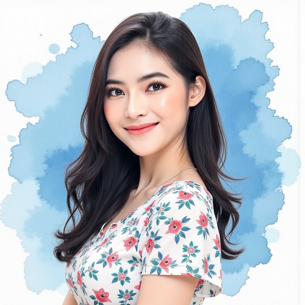 Full long shot a portrait ,  Asian woman long flowing black hair small flora and blouse pattern small flora,  beautiful by...