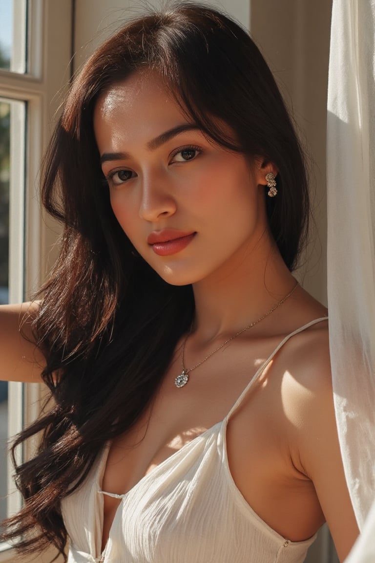 A stunning 20-year-old beautiful woman close-up within the frame,  radiant with elegance. Backlit by warm sunlight,  looki...