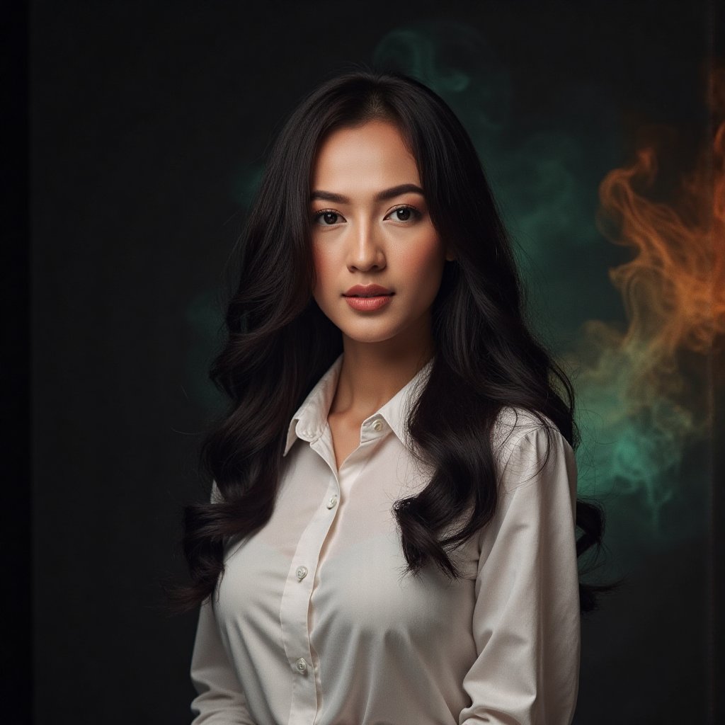 This image is an evocative,  high-definition picture of a breathtaking beautiful model captured in a low-light background....