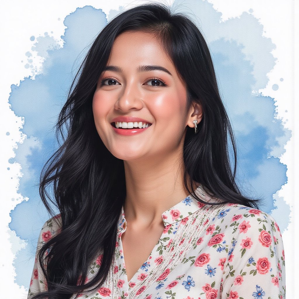 Full long shot a portrait ,  Asian woman long flowing black hair small flora and blouse pattern small flora,  beautiful by...