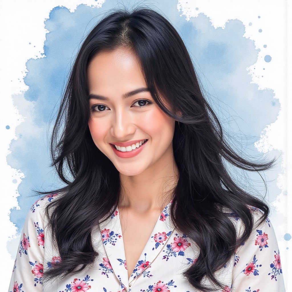 Full long shot a portrait ,  Asian woman long flowing black hair small flora and blouse pattern small flora,  beautiful by...